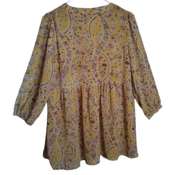 Paisley and Floral Gold Red Blue Smock Baby Doll V Neck Tie Blouse M - Picture 5 of 6
